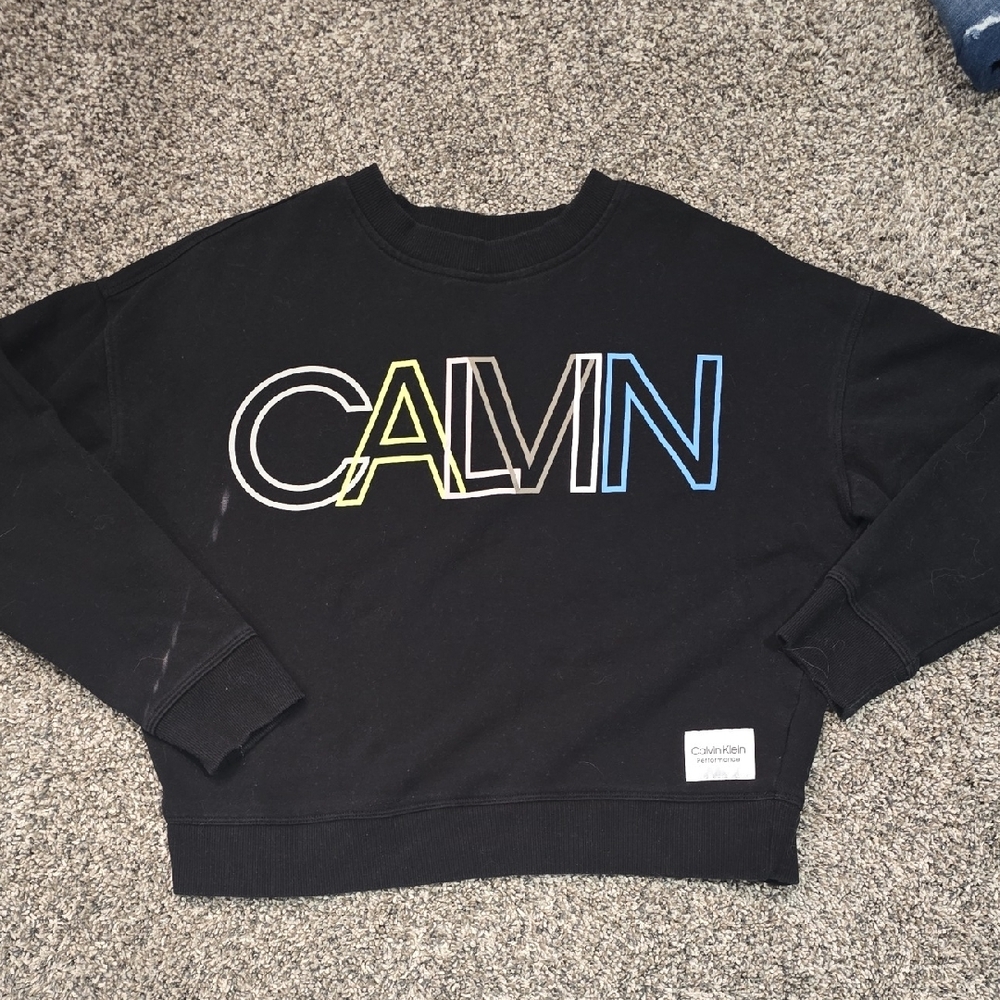 Calvin Klein Black Crewneck Sweatshirt with Yellow-to-Blue Gradient Logo